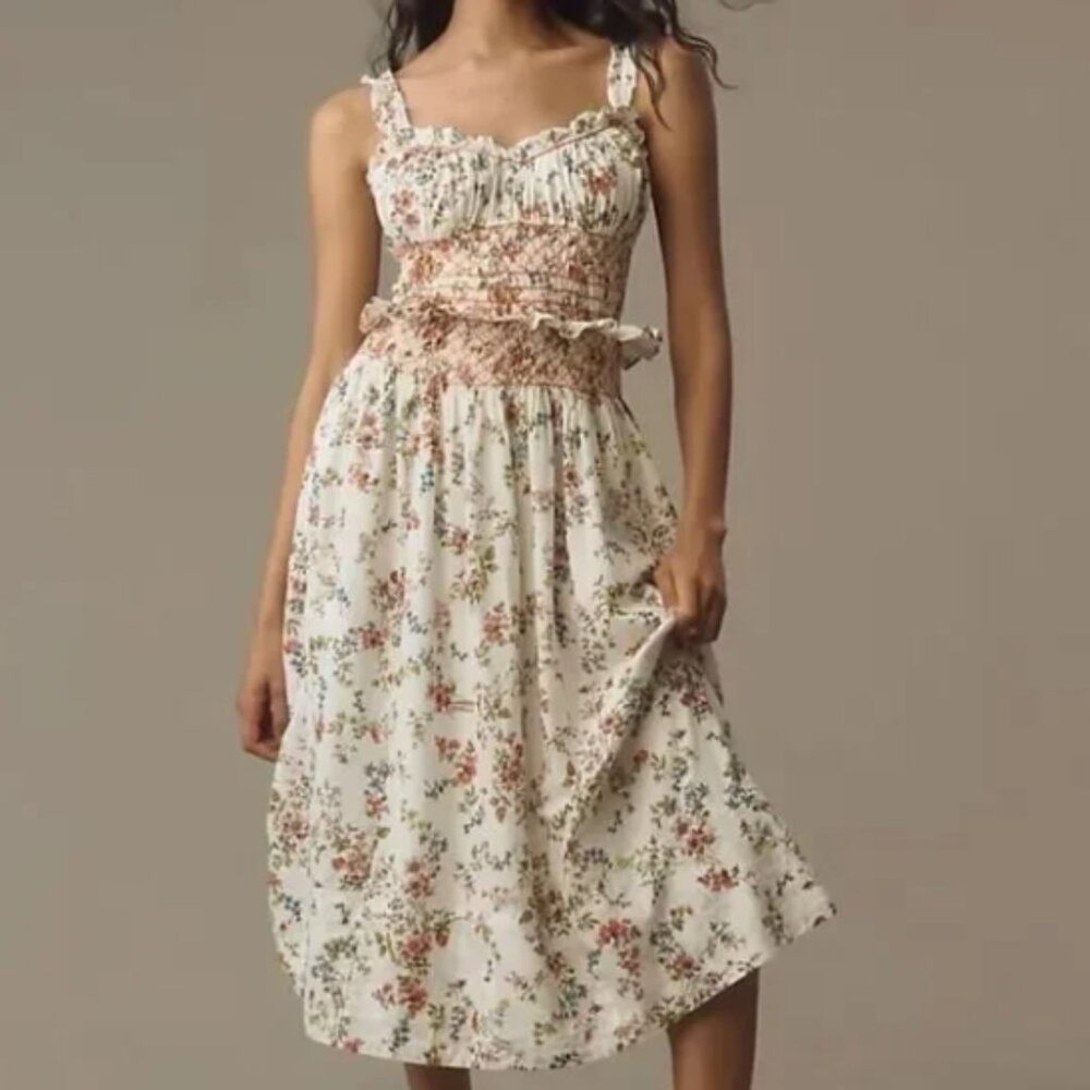 By Anthropologie Cream Orange Floral Smocked Cottage Core Milk Maid Sun Dress